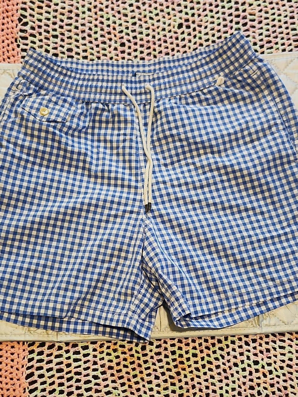 Polo by Ralph Lauren Mens Blue Gingham Drawstring Bermuda Swim Shorts